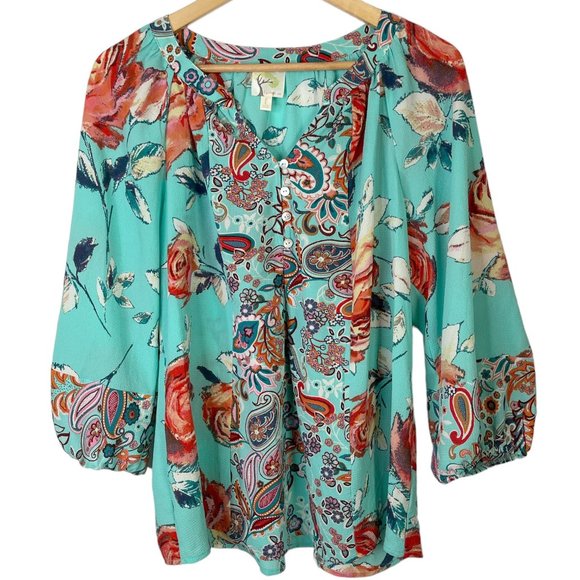fig and flower Tops - Fig and Flower Blue Paisley Floral Blouse 3/4 Sleeve Boho Flowy Peasant sz Large